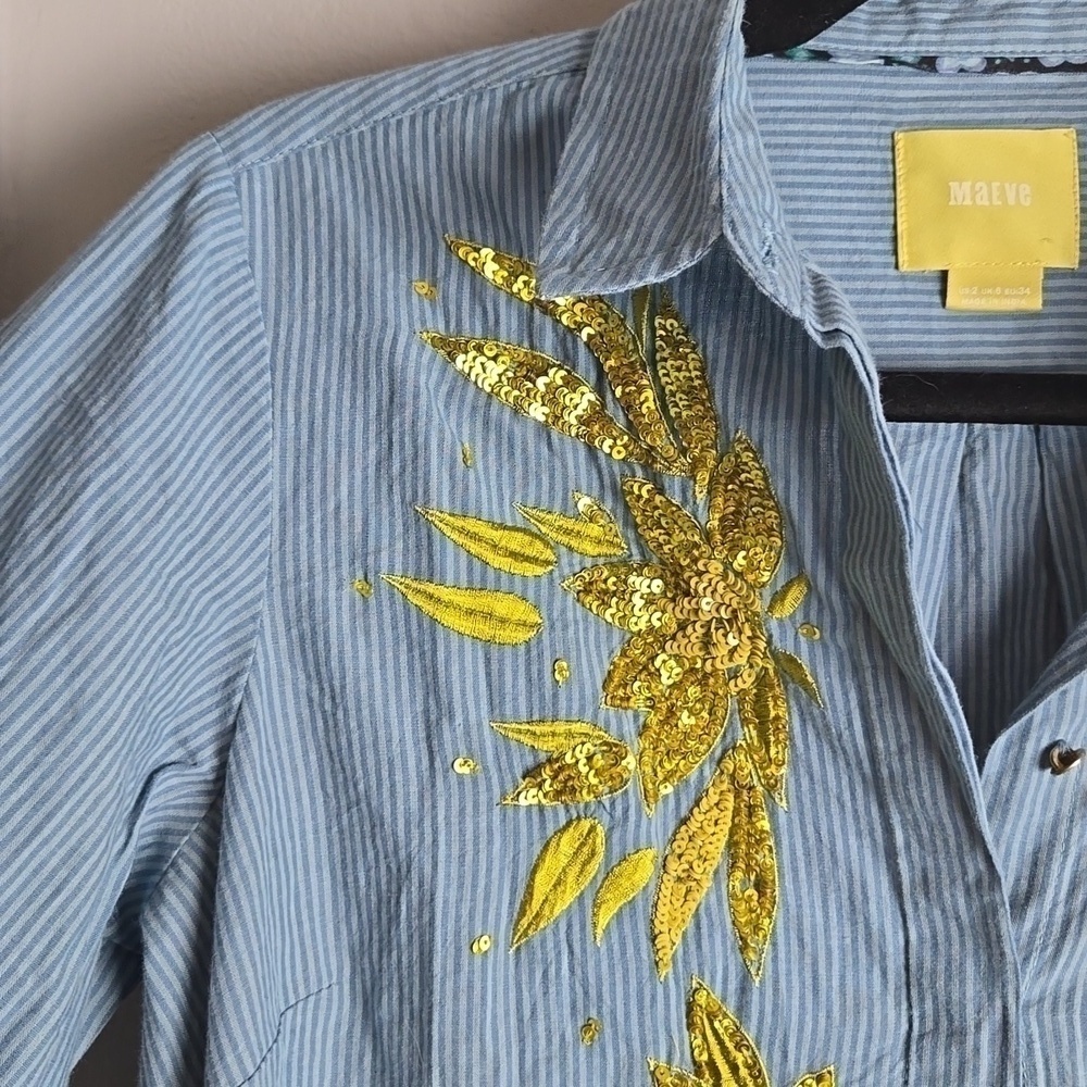 Anthropologie Maeve Gold Sequin Poplin Buttondown Blouse Blue Stripe-Size 2 - Picture 10 of 17